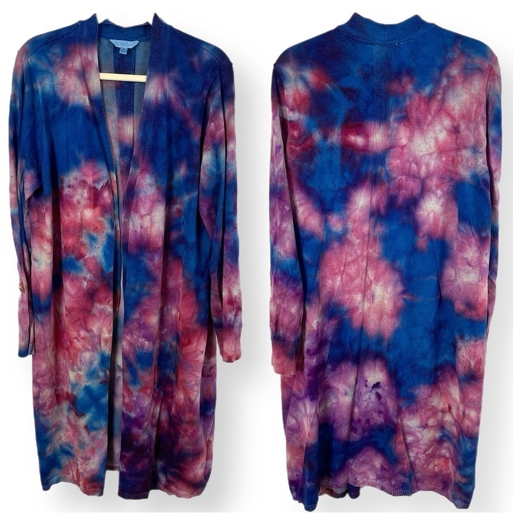 Hand tie dyed duster cardigan topper sweater jacket galaxy purple blue XL